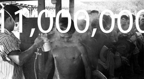 Camilo Ontiveros, 11,000,000, 2013.
Photo by Leonard Nadel, 1956 “Bracero workers being fumigated at border town Hidalgo, Texas”, Courtesy Smithsonian’s National Museum of American History