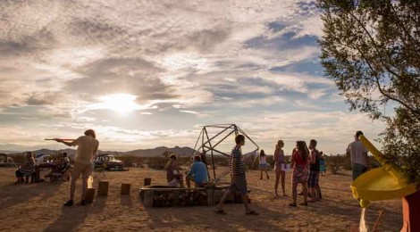 Scene at Shangrila with Taylor Zepeda’s Geodesic Ski Dome, at center made from snow skis and steel; AJ Collins, Looking to the West, 2013, lower right corner; photo by Joel Woodman