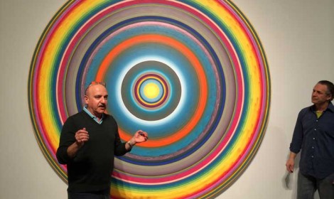 Edward Goldman with Gary Lang at his exhibit, “Circles/Words,” at Ace Gallery Beverly Hills.