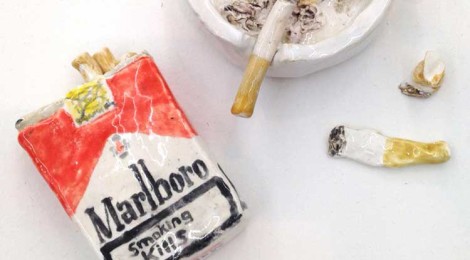 Rose Eken, Installation (Marlboro Cigarettes, Round White Ashtray with Cigarettes, Cigarette Butts)