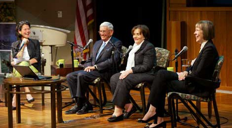 (L-R): Inge Reist interviewing collectors Eli and Edythe Broad, and Broad Museum Director Joanne Heyler, as part of the Library Foundation of Los Angeles' ALOUD series at downtown's Central Library, September 2013, photo by Gary Leonard.