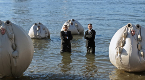 Andy Bichlbaum and Mike Bonanno with Survivaballs (courtesy Nate Igor Smith)