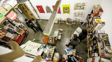 Visitors to the MFA studio of Edie Fake during the USC Roski MFA program open studios event February 7, 2015. Photo by David Sprague.