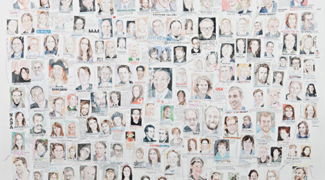 William Powhida, Relational Wall, Watercolor, colored pencil, and graphite on panel, 40” x 60”, 2009, Courtesy of Raymond Learsy and Melva Bucksbaum