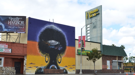 Elixir the Rebirth, mural by Patrick Henry Johnson at Stocker and Crenshaw Streets, Los Angeles. Photo by Meg Madison.