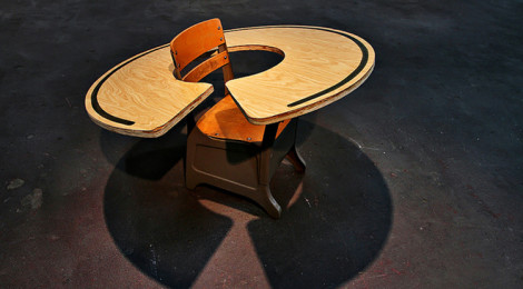 Sergio Garcia, "The great escape," metal and wood school desk assemblage, 25" x 40" x 40".