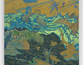 Aaron Morse, Mesozoic Ocean, 2015, acrylic & collage on canvas over panel, 30x25 in.