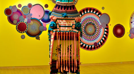 Xenobia Bailey, Sistah Paradise’s Great Wall of Fire Revival Tent,1993-ongoing, cotton and acrylic yarn, metal frame, electrical tape, shells, courtesy of the artist.