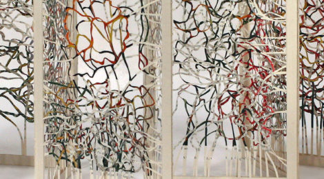 Susan Sironi, untilted, 2017, paper signatures from vintage book, thread, detail