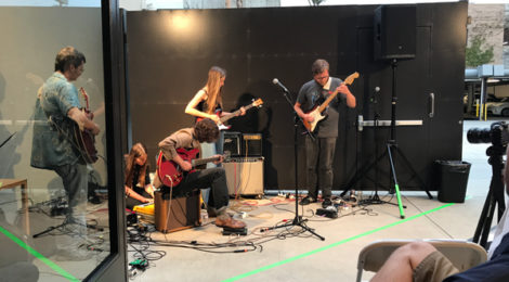 The five-member musical collective “The Divinity Band” performs at L.A. Louver.