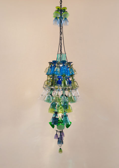 Joel Otterson, “Bottoms Up #3,” 2013 75 vintage press glass and cut crystal goblets, steel, metal chain, copper wire, electrical parts