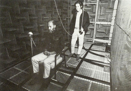 Robert Irwin and James Turrell in the anechoic chamber at the University of California, Los Angeles. The artists explored the concept for an unrealized project with the Gannet Corporation as part of the original Art and Technology program at LACMA. Photograph © Malcolm Lubliner 