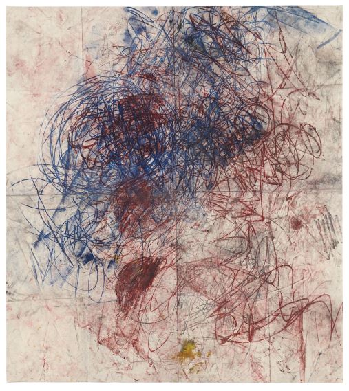 Oscar Murillo's Untitled (Drawings off the wall), 2011. Oilstick, spray paint, enamel, dirt and mixed media on canvas, 67 x 60 1/8 in. (170.2 x 152.7 cm.). Estimate $30,000 - 40,000, and sold for $401,000. 