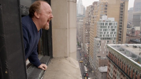 Scene from Season 4, Episode 8, “Elevator: Part 4,” Louie goes to window in therapy session to let loose a primal scream. 