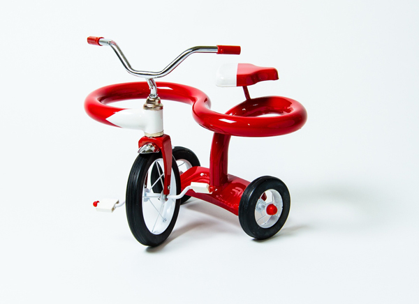 Sergio Garcia, "We all get a little side tracked," 2014, mini-tricycle, metal, plastic, automotive paint, 11" x 8".