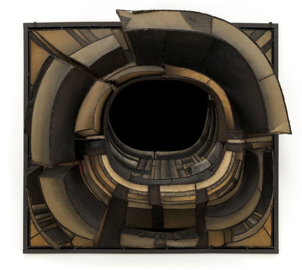 Lee Bontecou, Untitled, 1961, welded steel, canvas, black fabric, rawhide, copper wire, and soot, 6' 8 1/4" x 7' 5" x 34 ¾", The Museum of Modern Art, New York, Kay Sage Tanguy Fund.