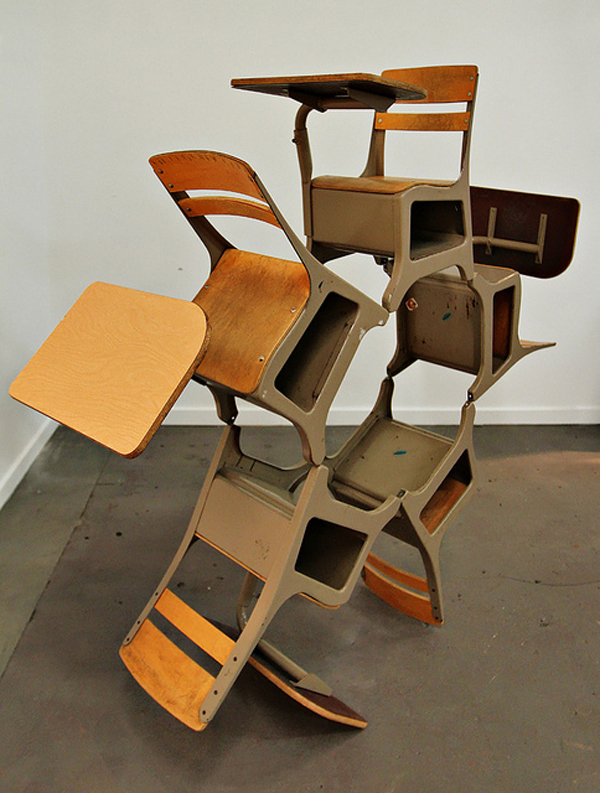 Sergio Garcia, "It's like a sculpture but with more breakdancing," metal and wood school desk assemblage, 66" x 69" x 18"