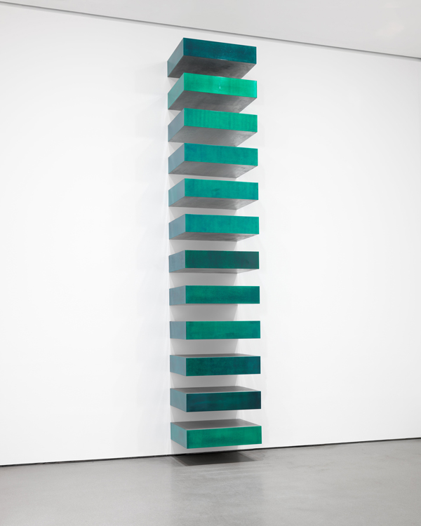 Donald Judd, Untitled (Stack), 1967, lacquer on galvanized iron, 12 units, each 9 x 40 x 31", The Museum of Modern Art, NY, ©Judd Foundation, licensed by VAGA, New York. 