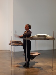 Otobong Nkanga, performance of Solid Maneuvers at Museum of Contemporary Art Santa Barbara, May 18, 2016.