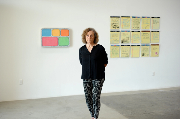 Rosamund Felsen in her gallery with her last show, photo by Tyler Hubby.