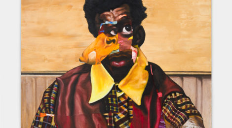 Nathaniel Mary Quinn, Duckworth (2018). Oil paint, paint stick, oil pastel and gouache on linen. 36 x 36 inches. M+B Gallery, Los Angeles. Courtesy of the artist and M+B. Photos by Jeff McLane.