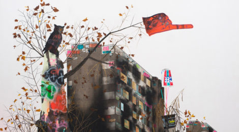 Erik Benson, Stumps (sneaky face) (2015), acrylic on canvas, 72 x 96 inches, courtesy of the artist and Tai Modern.