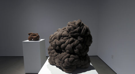 Rabbia Sukkarieh, DARKEVENTWHITEHORIZON, installation view with Untitled, 2016, in foreground, photo by CSUSB Michael Moody, courtesy Robert and Frances Fullerton Museum of Art.