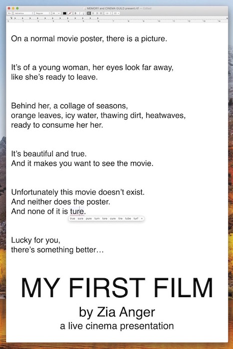 My First Film, A Live Cinema Presentation by Zia Anger
